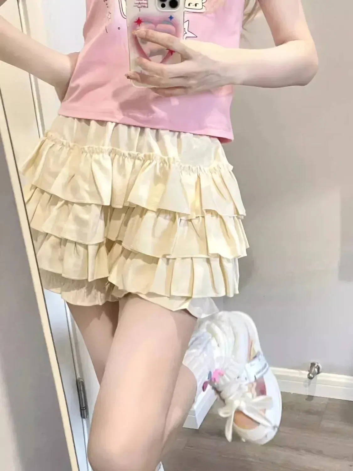 Girlary Pink Japanese Kawaii Sweet Shorts Women Blue Korean Elegant Casual Cake Culottes Female A-line Bow Cute Princess Shorts New