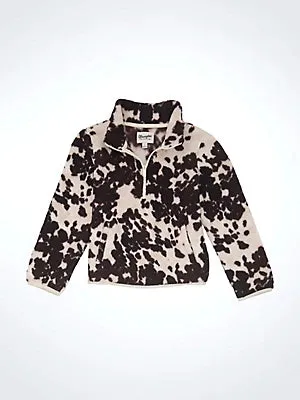 Girl's Cow Print Quarter-Zip Sherpa Pullover