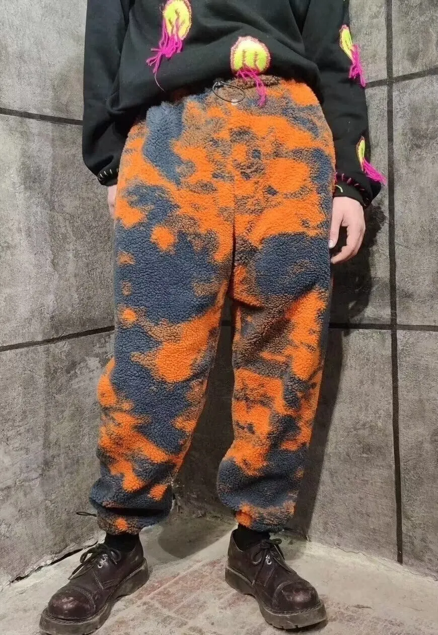 Gradient fleece joggers handmade retro camo overalls orange