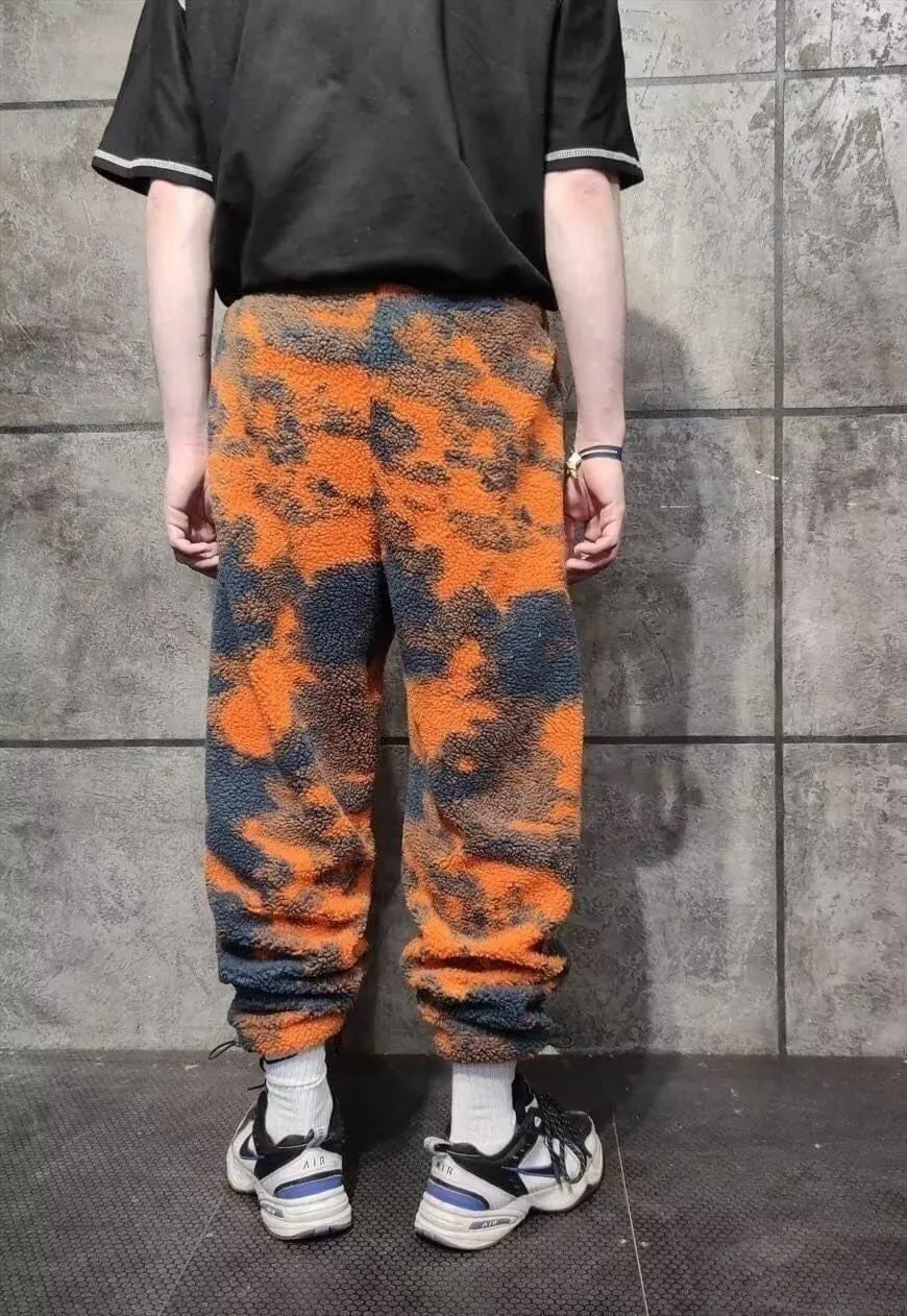 Gradient fleece joggers handmade retro camo overalls orange