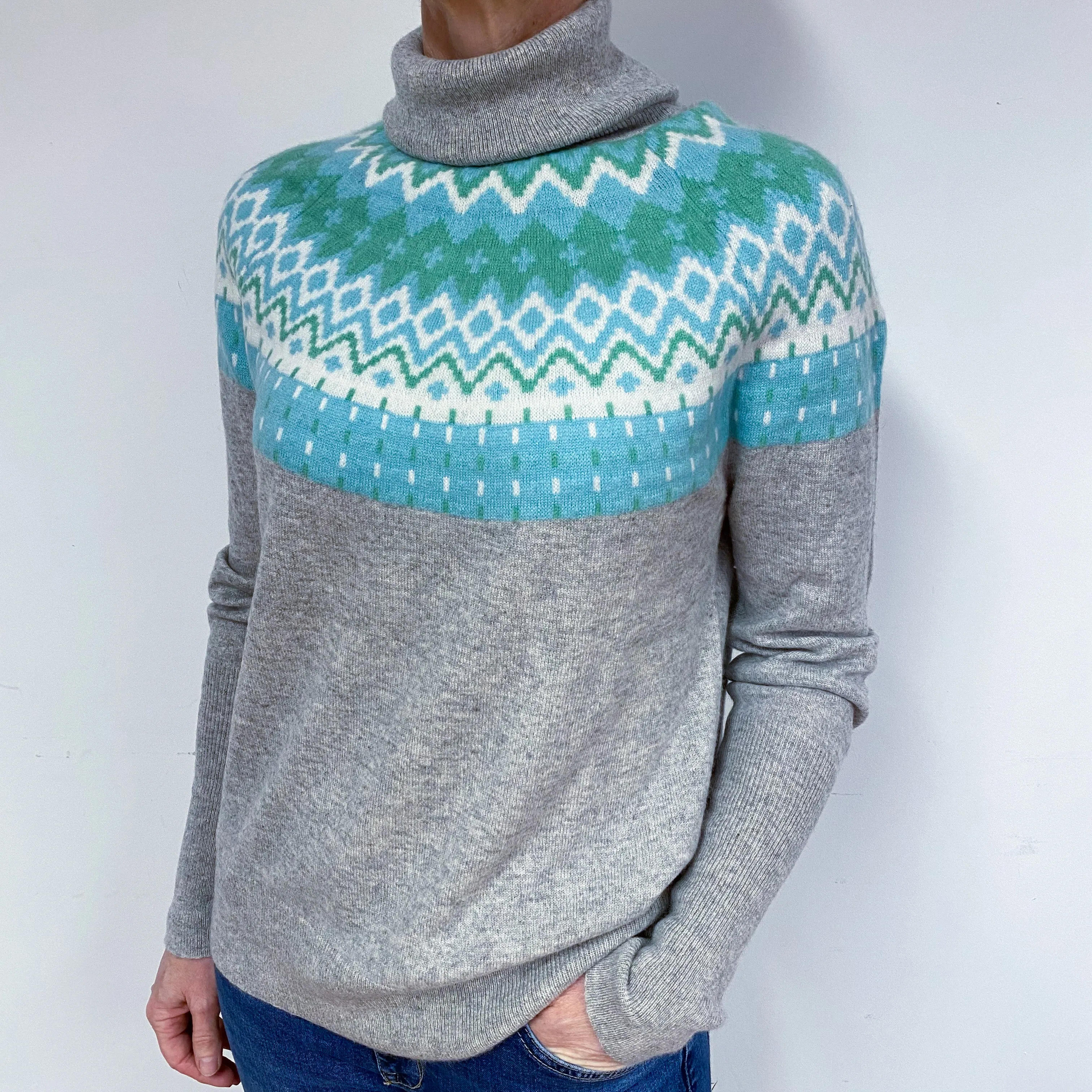 Grey Aqua Fair Isle Cashmere Polo Neck Jumper Medium