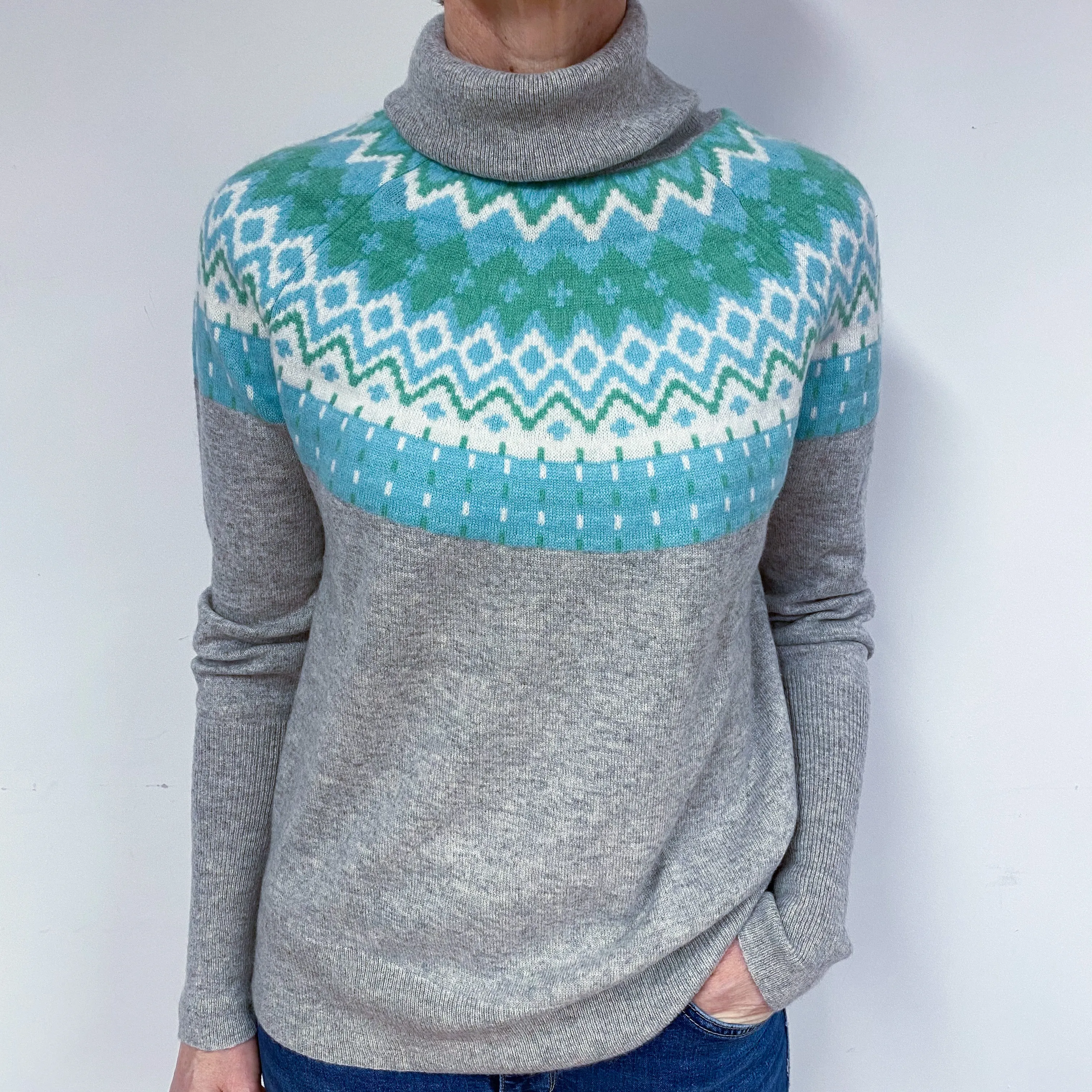 Grey Aqua Fair Isle Cashmere Polo Neck Jumper Medium