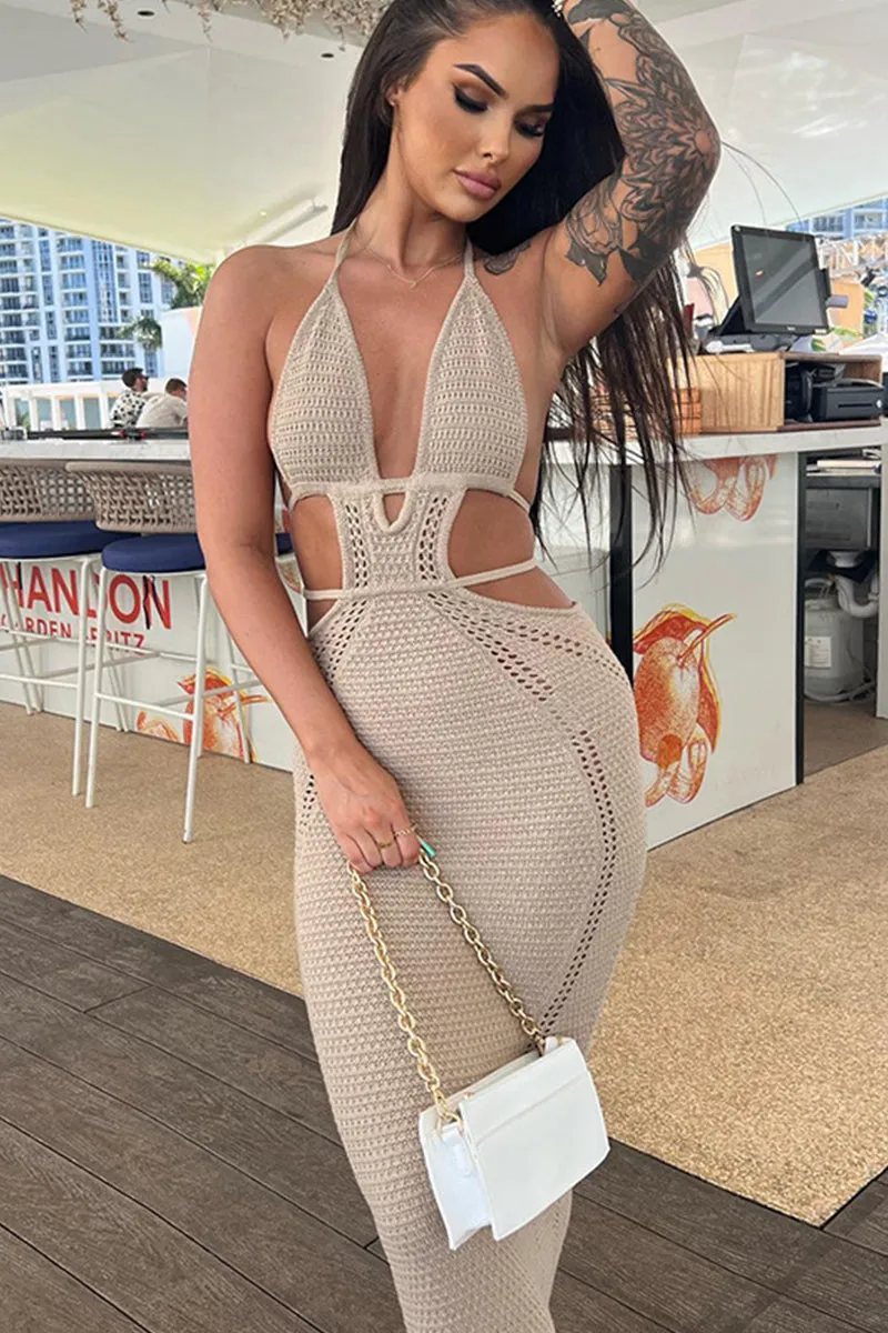 Halter Neck Cutout Backless Maxi Bodycon Dress