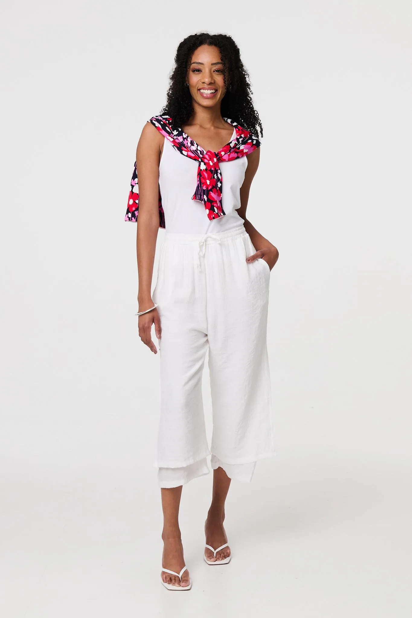 High Waist Layered Hem Cropped Trousers