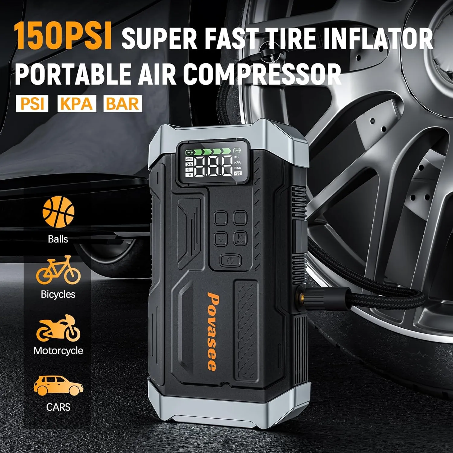 Jump Starter 5000A with Air Compressor & 150PSI Tire Inflator, 12V Battery Jump Box, LCD Display, Flashlight, Storage Case, Up to 9L Gas or 8L Diesel