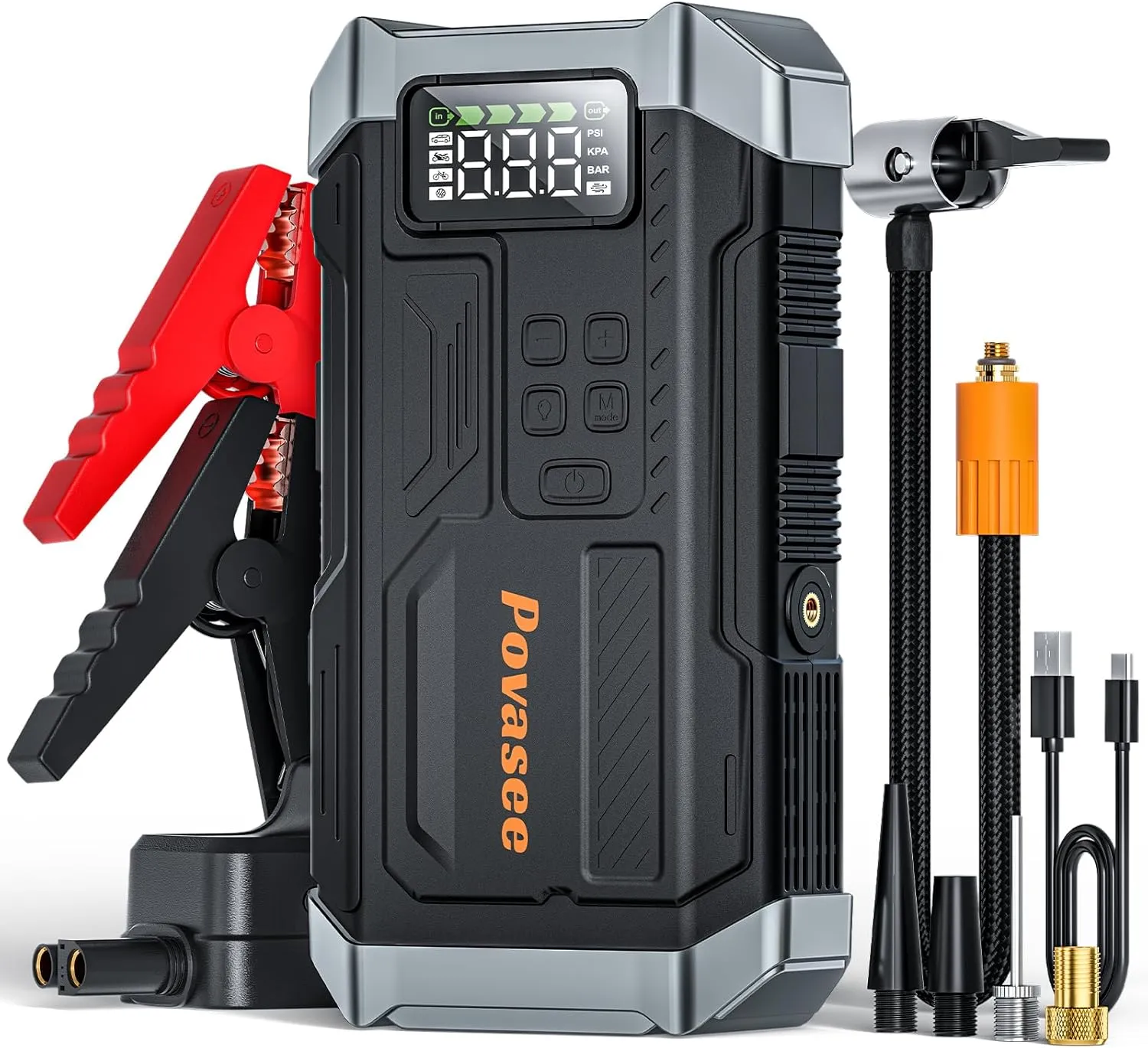 Jump Starter 5000A with Air Compressor & 150PSI Tire Inflator, 12V Battery Jump Box, LCD Display, Flashlight, Storage Case, Up to 9L Gas or 8L Diesel