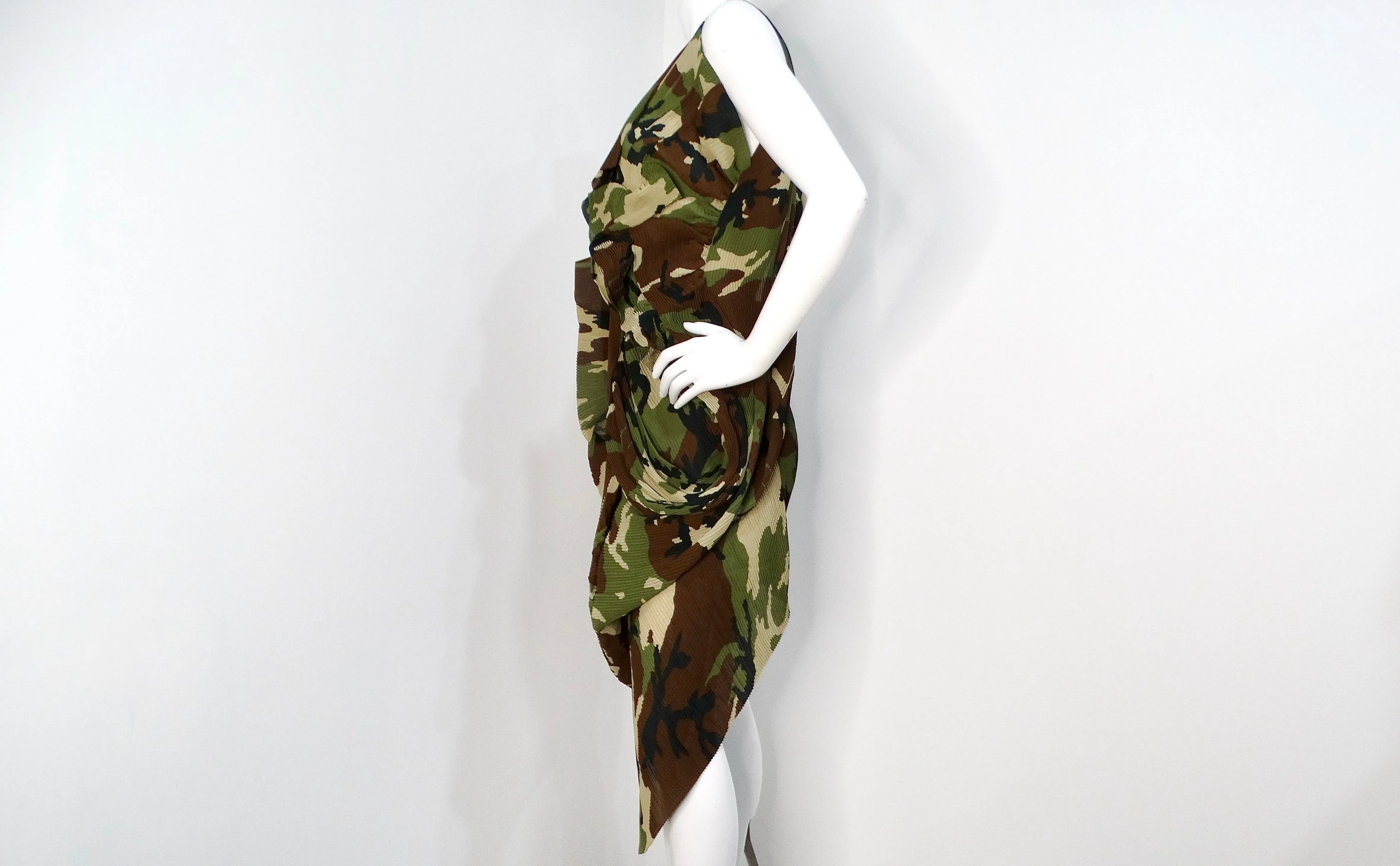 Junya Watanabe CDG 2010 Runway Green Camo Print Pleated Asymmetrical Dress