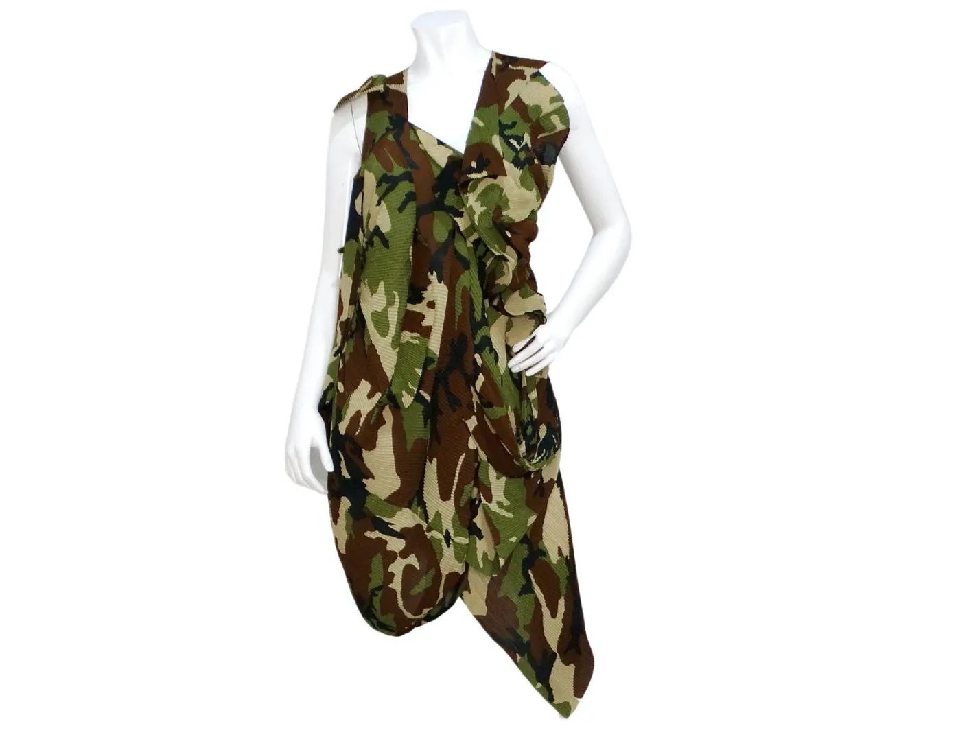 Junya Watanabe CDG 2010 Runway Green Camo Print Pleated Asymmetrical Dress