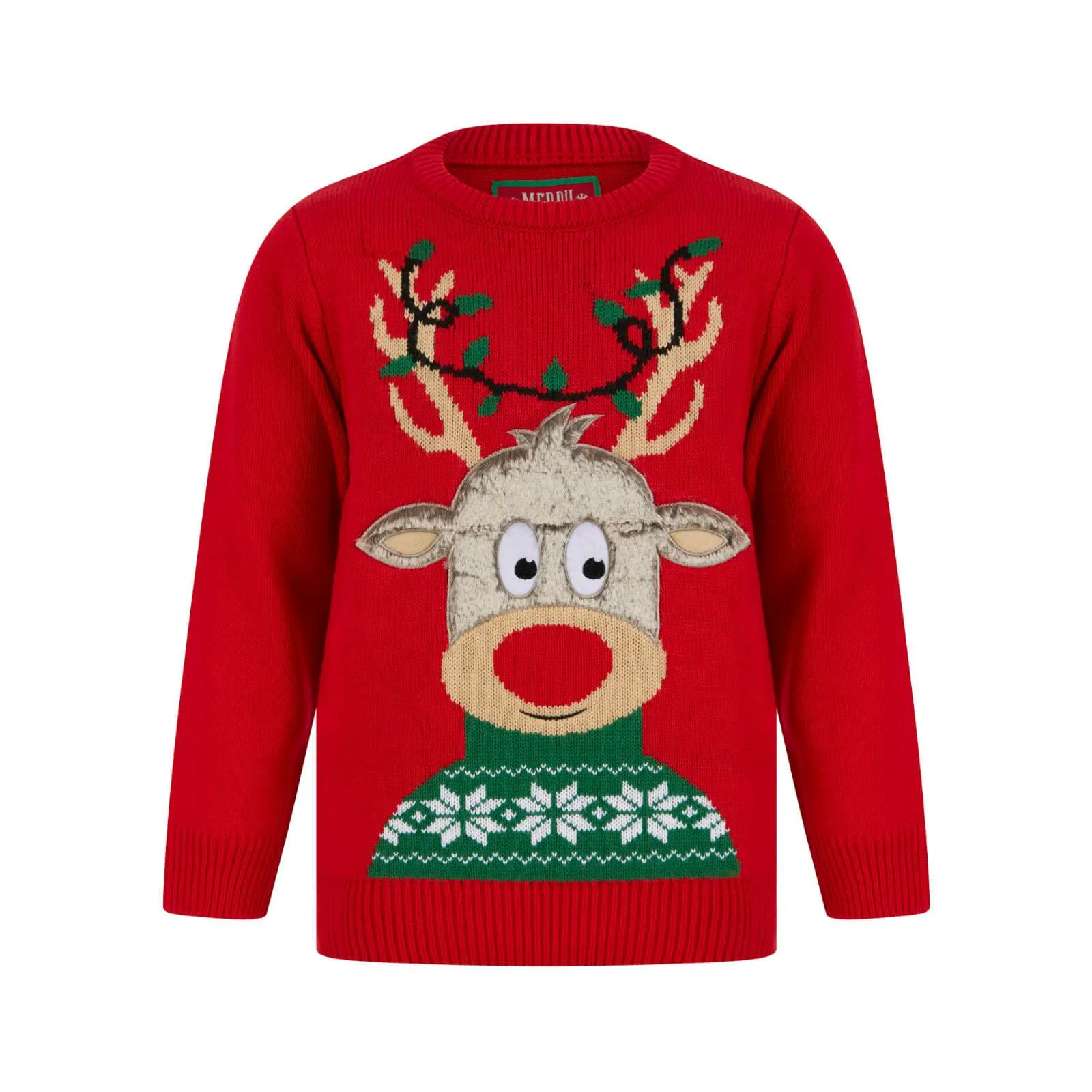 Kids LED Faux Fur Rudolph Christmas Jumper Light Up