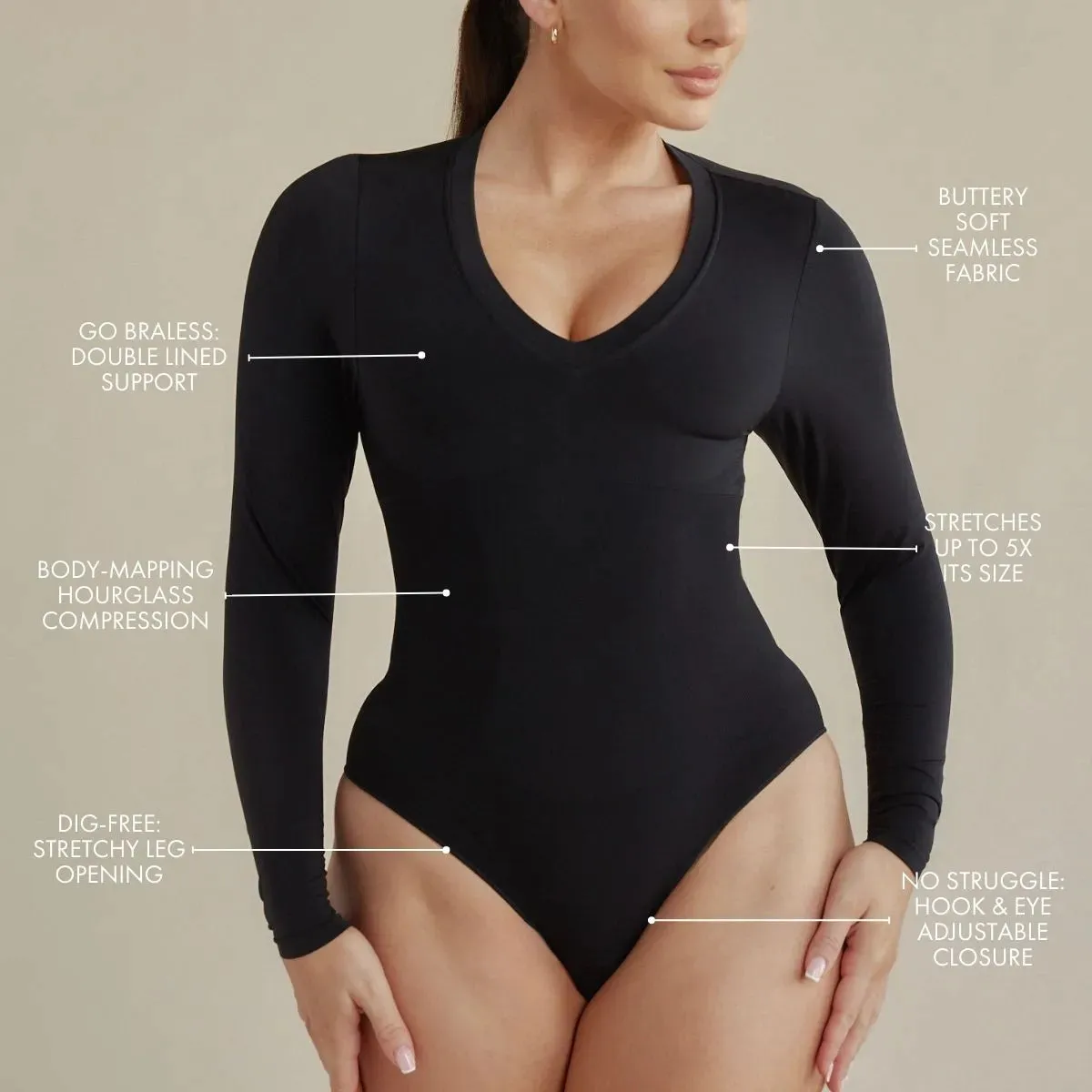 Long Sleeve V Neck Butter Sculpt® Seamless Shapewear Bodysuit