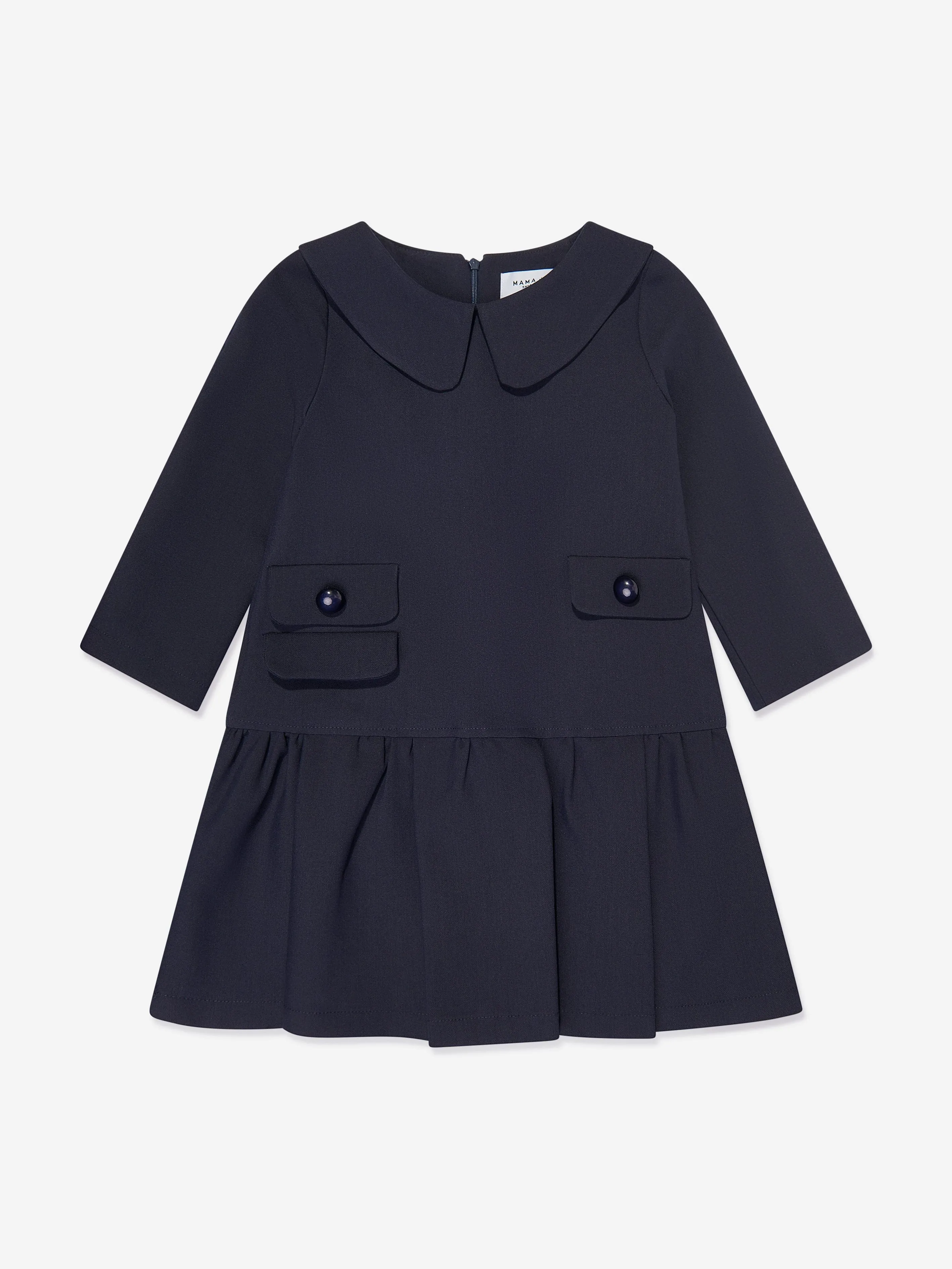 Mama Luma Girls Baby Collar Pearl Pocket Dress in Navy