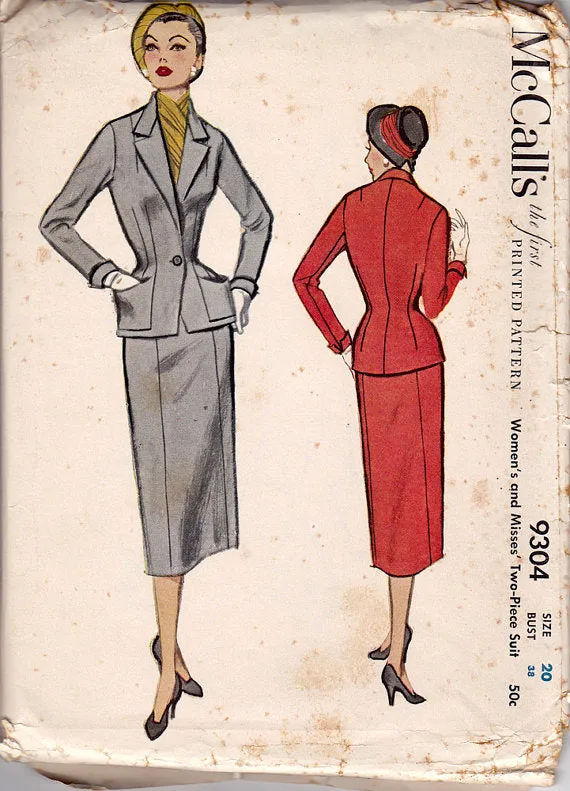 McCall's 9304 - 1950s Vintage Sewing Pattern: Fitted Suit - 38" Bust