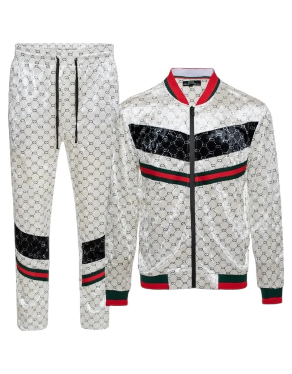 Men's Beige Velvet Jogging Set Jacket and Pants Red and Green Strip