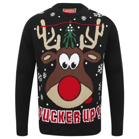 Mens Novelty Christmas Jumper Pucker Up Mistletoe Reindeer