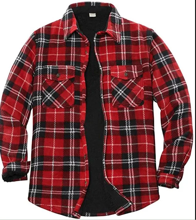 Men's Red Plaid Warm Sherpa Lined Fleece Jacket