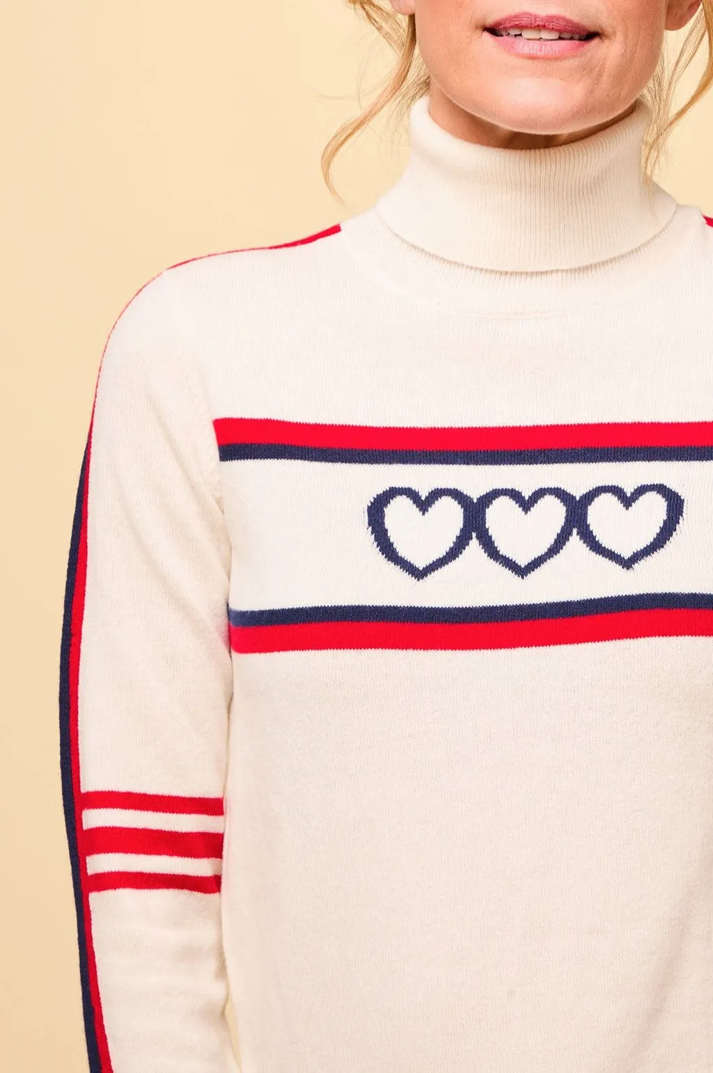 Merino Wool Hearts Polo Neck Jumper | Cream/Red/Navy