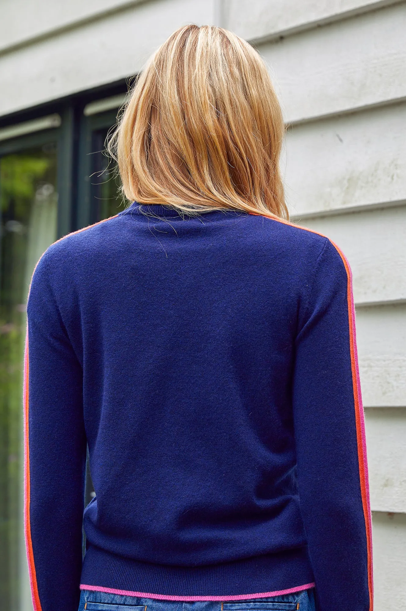 Merino Wool Overarm Stripe Quarter Zip Jumper | Navy/Pink/Orange