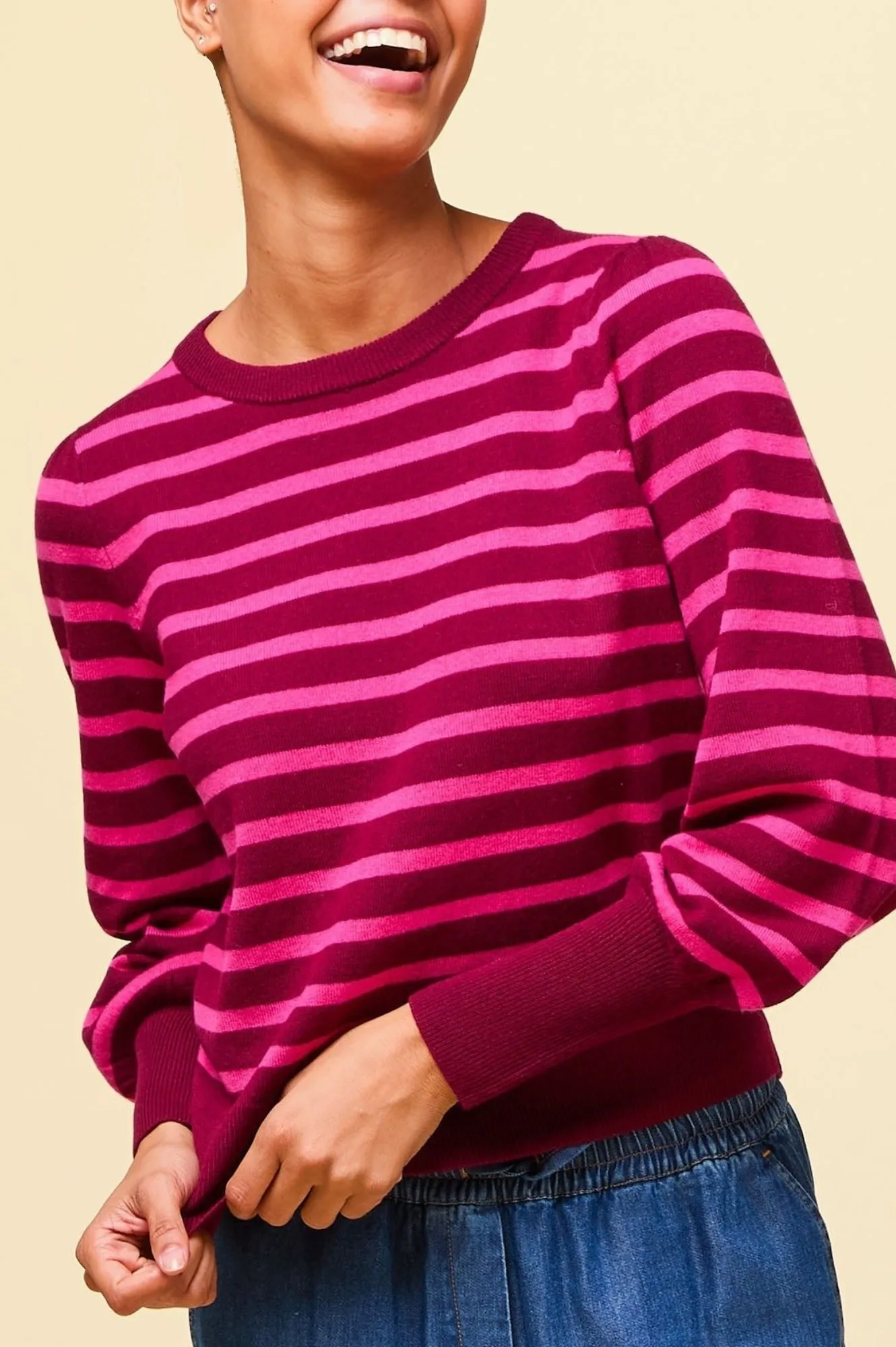 Merino Wool Stripe Crew Neck Jumper | Wine/Pink