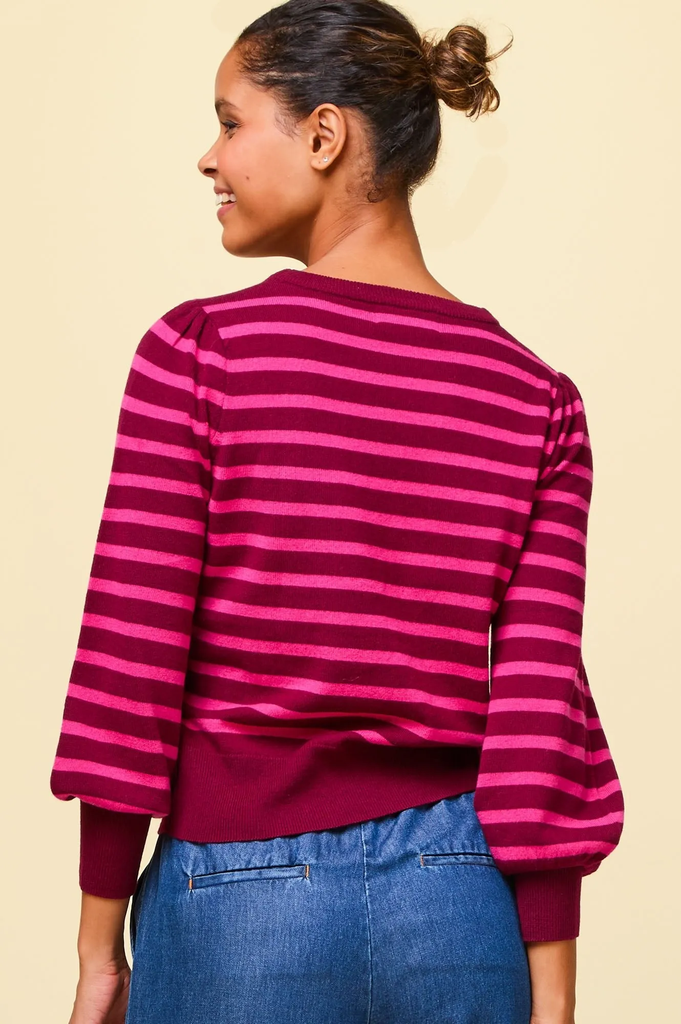 Merino Wool Stripe Crew Neck Jumper | Wine/Pink