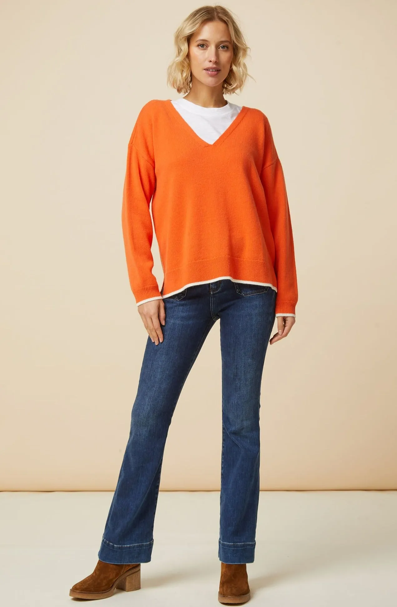 Merino Wool V-Neck Jumper | Orange