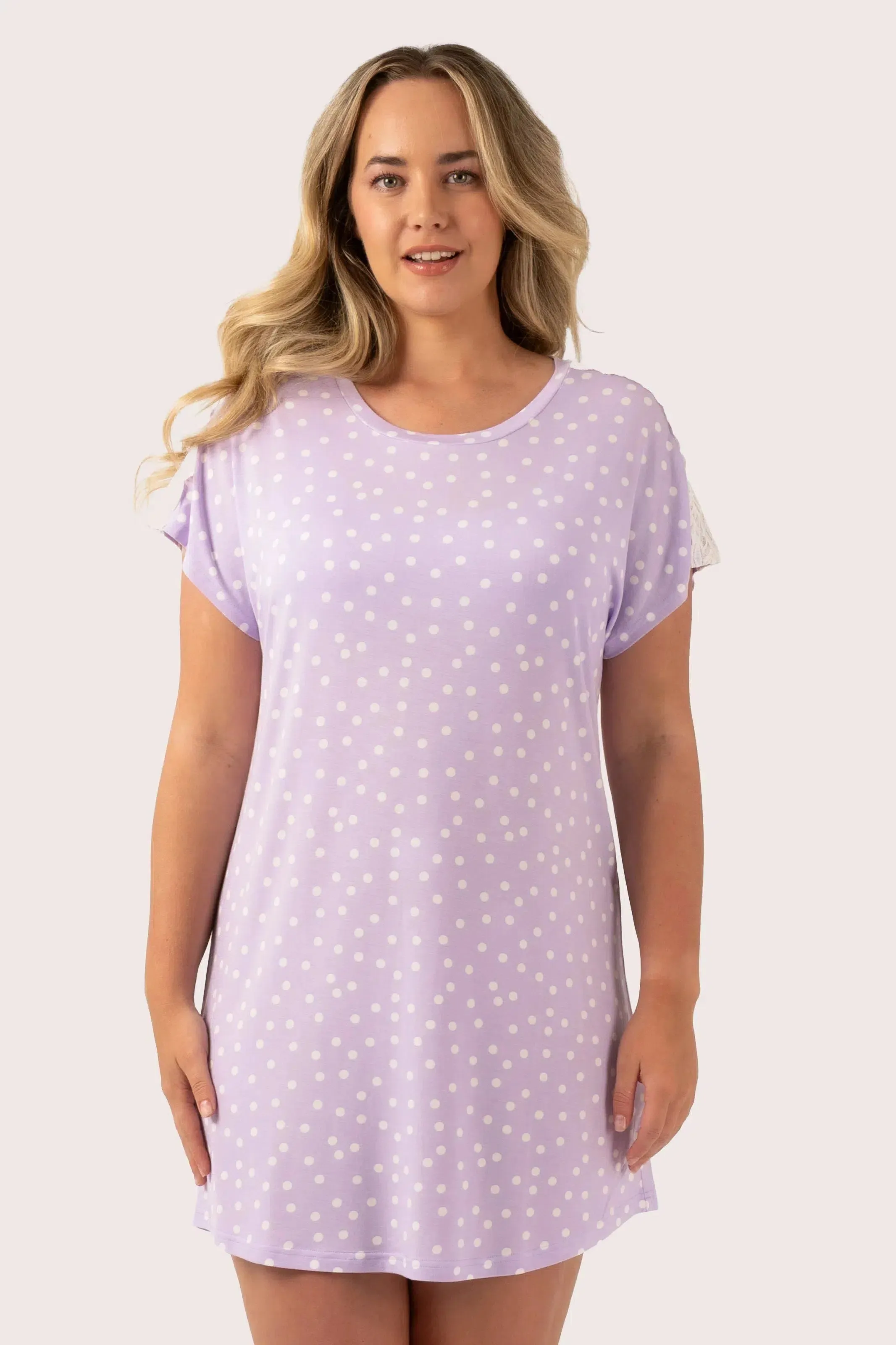 Modal Lace Trim T-Shirt Nightie - Lilac Spot