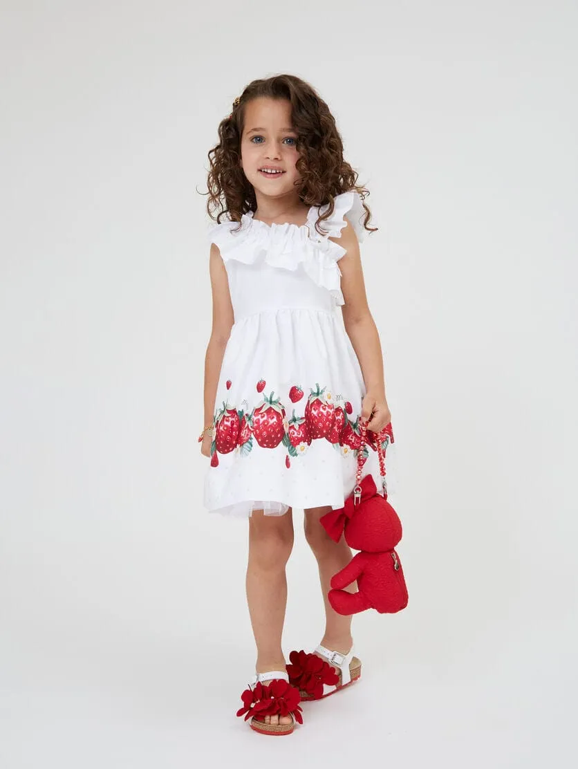 Monnalisa Girls Strawberry One Shoulder Dress in White