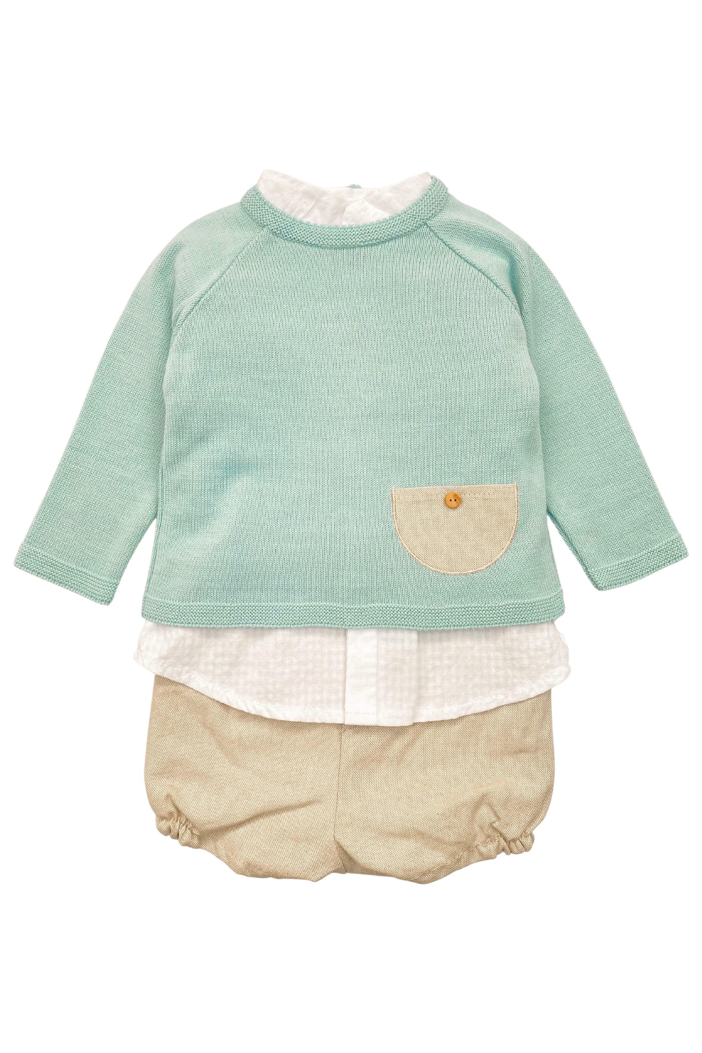 "Thaddeus" Sage Green Jumper, Shirt & Shorts