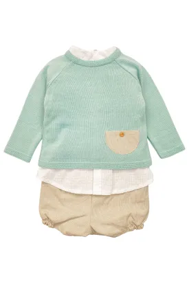 "Thaddeus" Sage Green Jumper, Shirt & Shorts