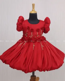 Red Balloon Gown with Handcrafted Rose Embellishment.