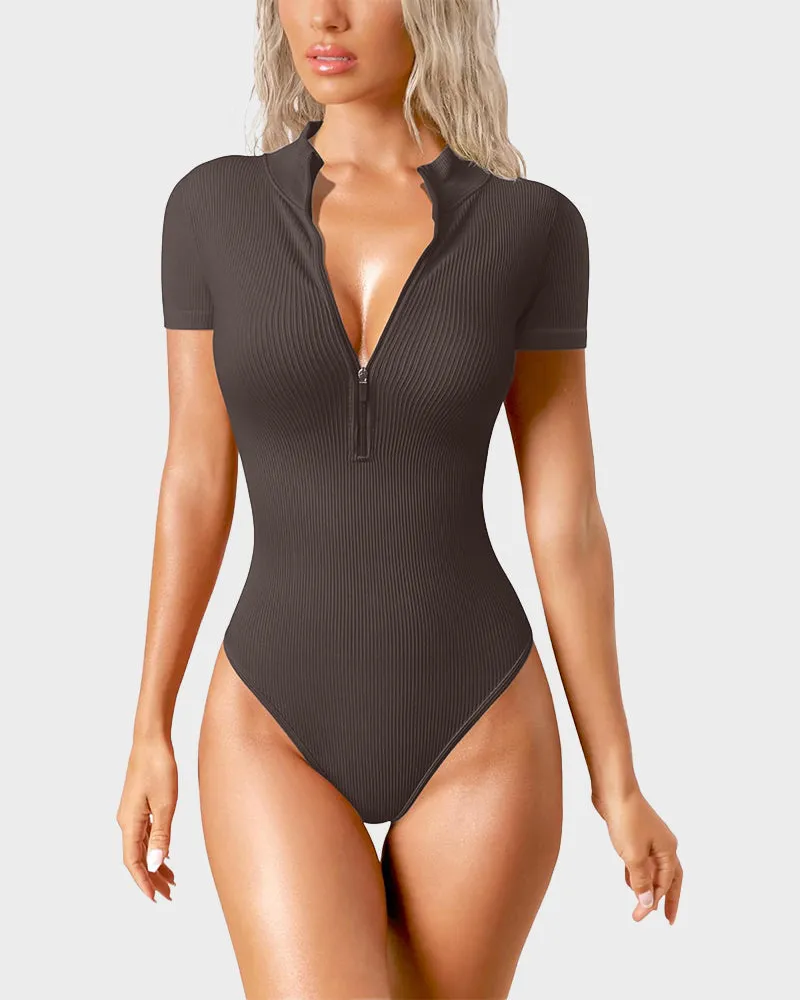 Ribbed Short Sleeve Half-Zip Sculpting Bodysuit