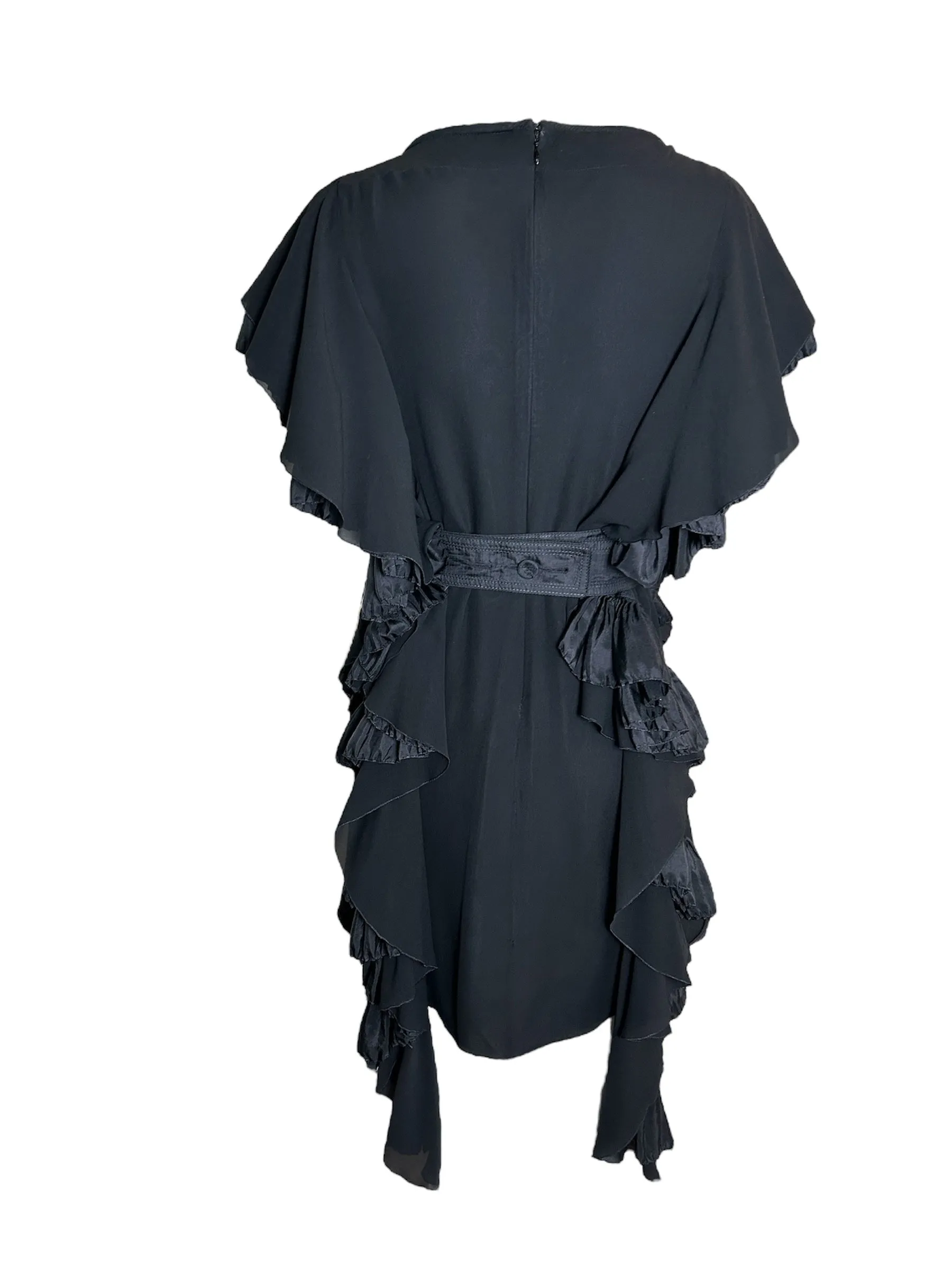 Robert Normand Early 2000s Avant-Garde Ruffle Black Belted Dress