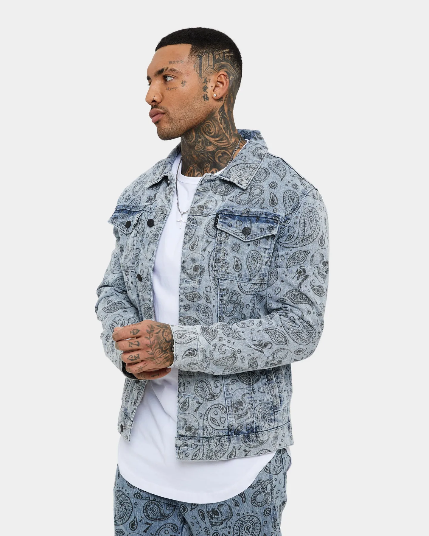 Saint Morta Paisley Skulls Sherpa Jacket Stone Wash Blue