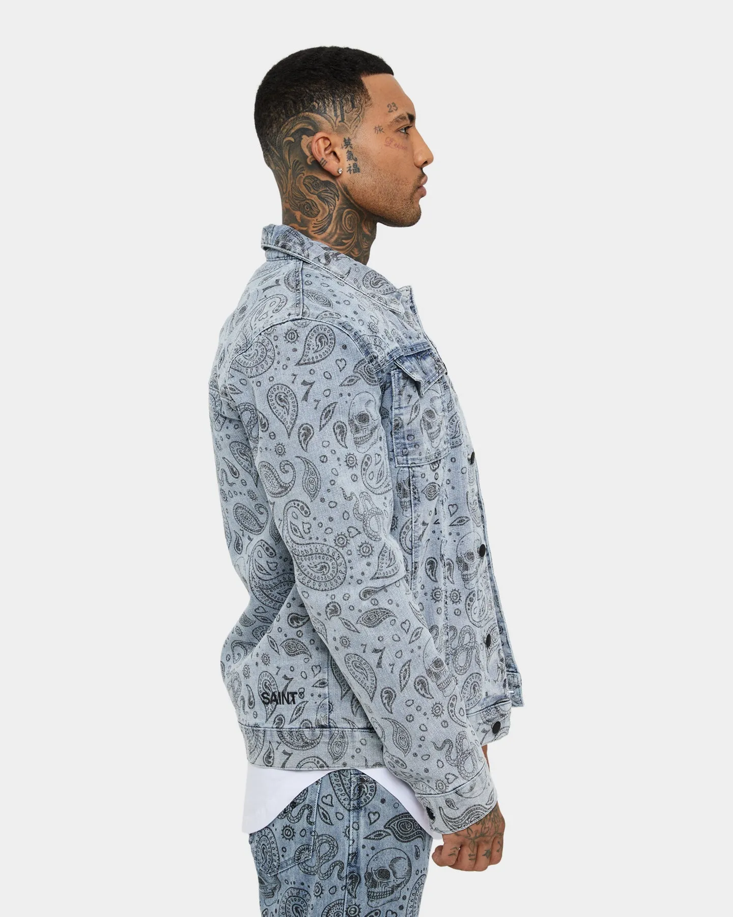 Saint Morta Paisley Skulls Sherpa Jacket Stone Wash Blue