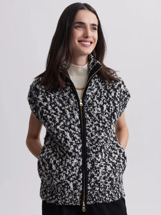 Sandy Zip Through Knit Gilet - Snow White Black Fleck