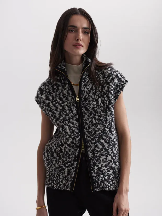 Sandy Zip Through Knit Gilet - Snow White Black Fleck