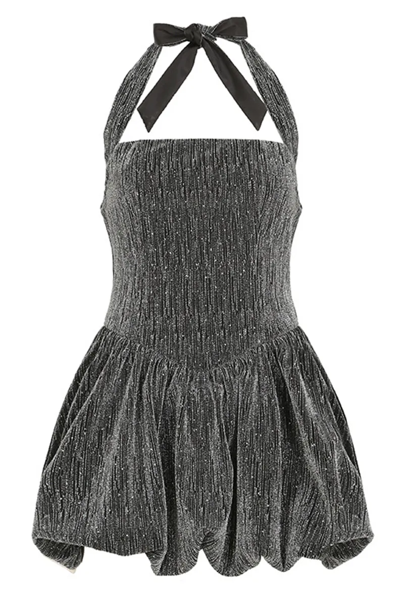 Sliver Sequin Halter Sleeveless Bubble Mini Dress