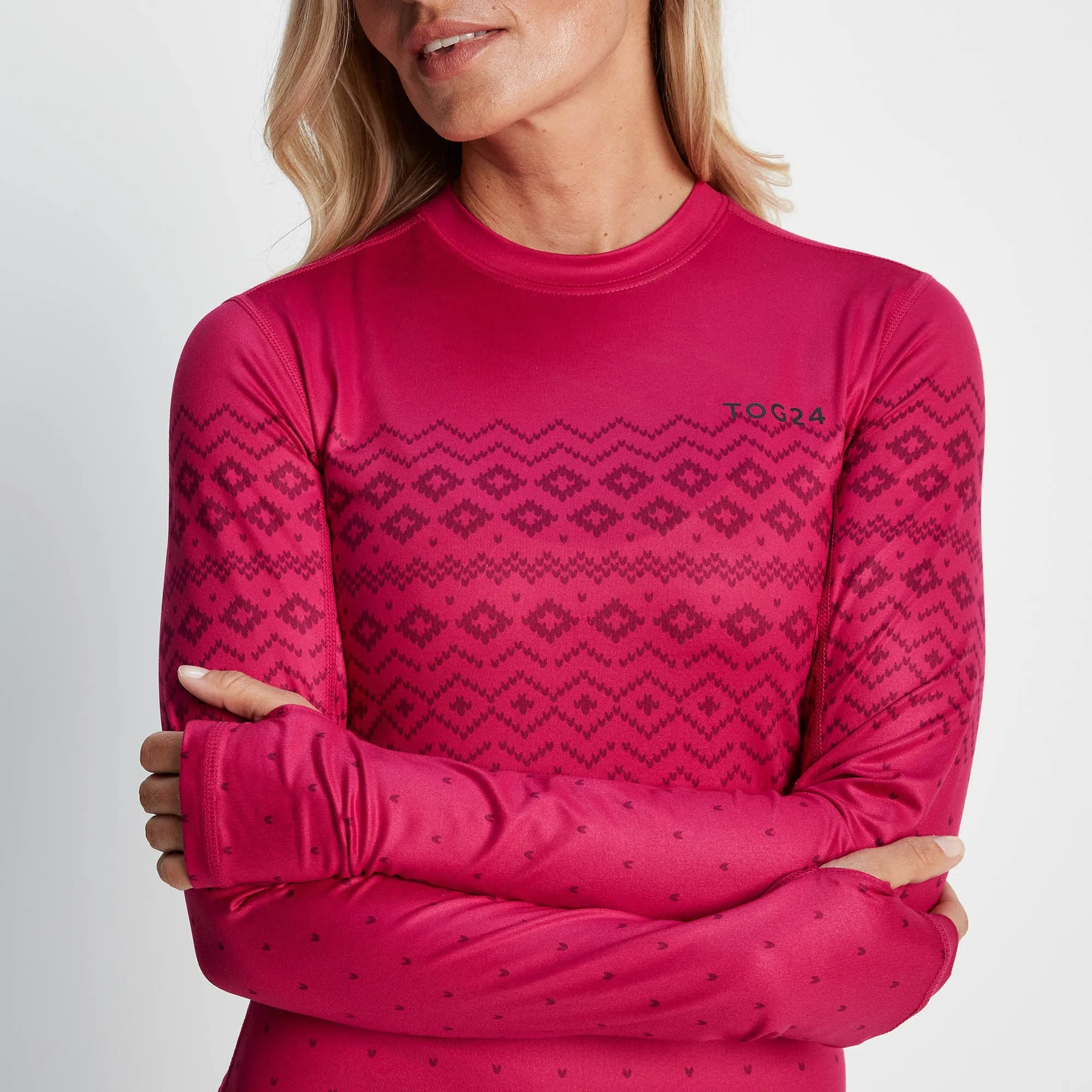 Snowdon Womens Thermal Base Layer Crew Neck - Cerise Fairisle