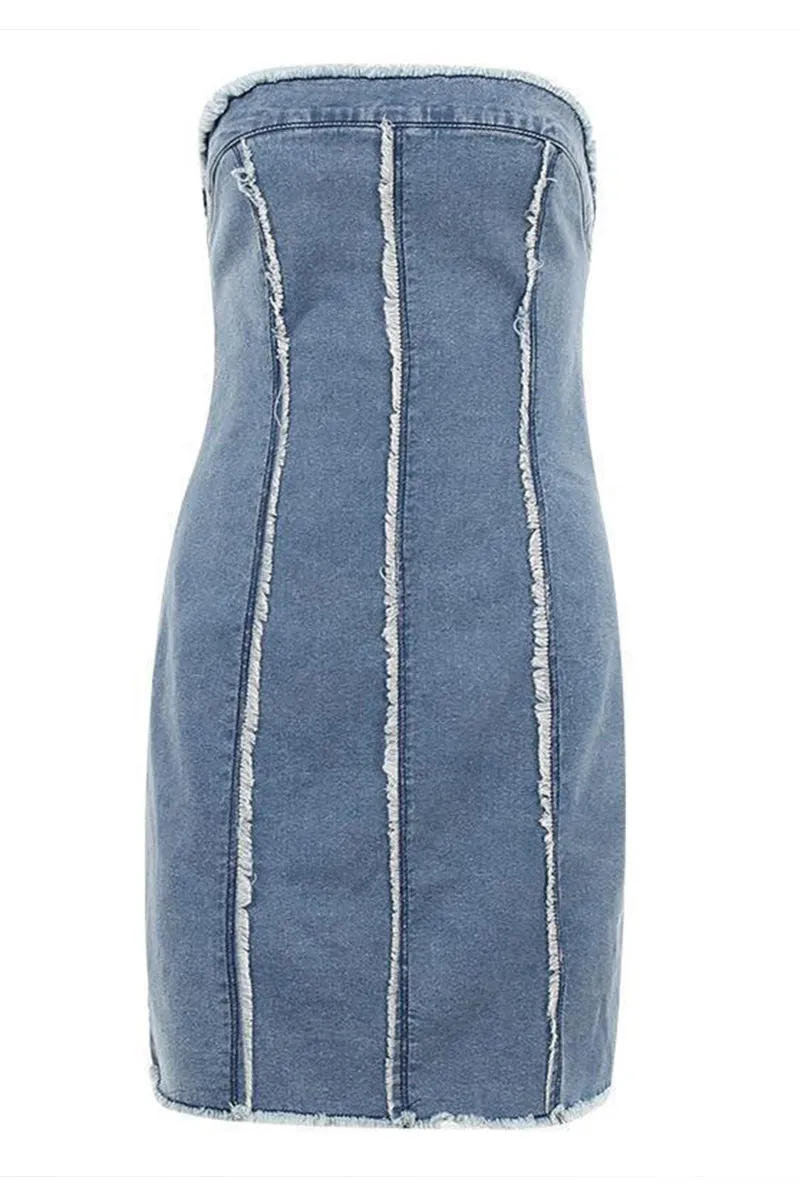 Strapless Corset Frayed Denim Mini Dress