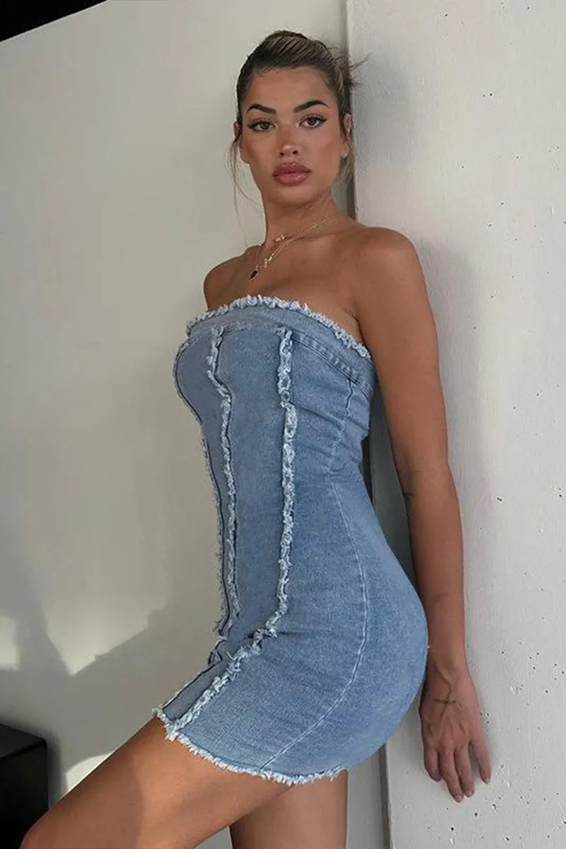 Strapless Corset Frayed Denim Mini Dress