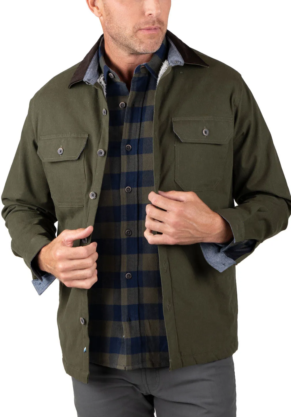 Stretch Canvas Shirt Jacket With Sherpa Lining