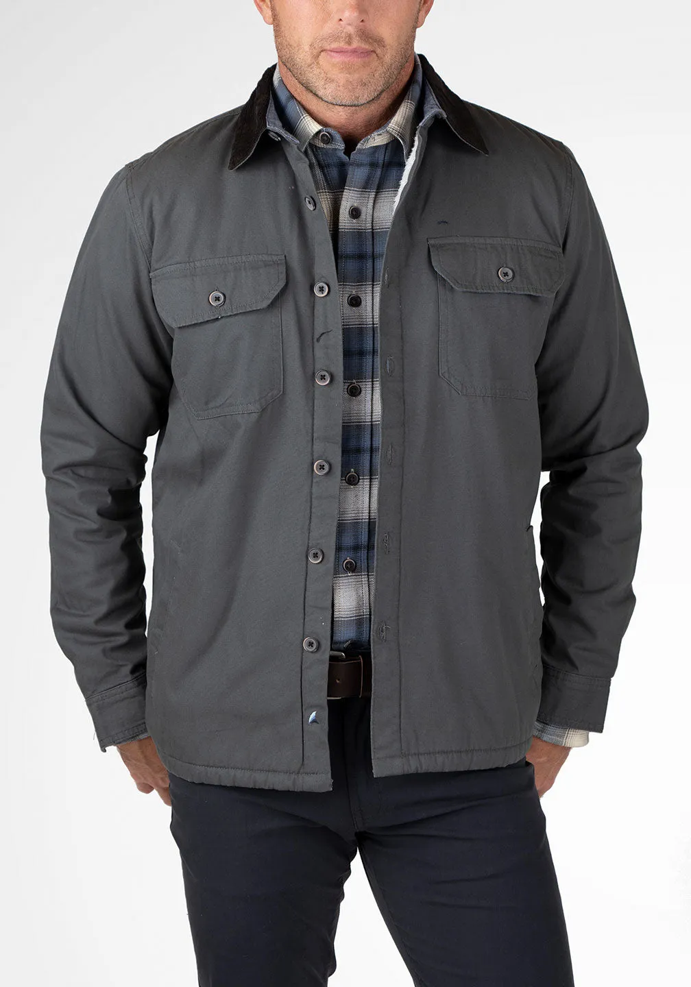 Stretch Canvas Shirt Jacket With Sherpa Lining