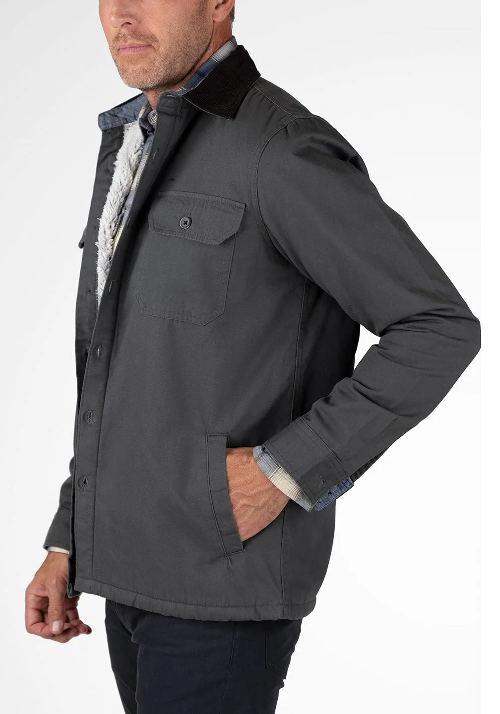 Stretch Canvas Shirt Jacket With Sherpa Lining