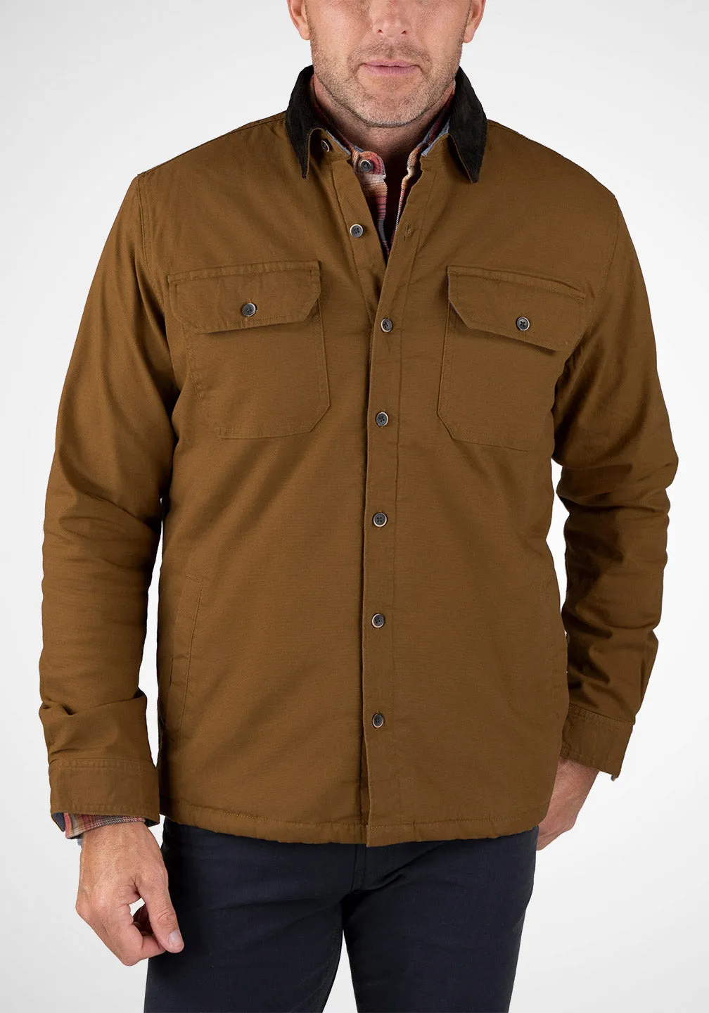 Stretch Canvas Shirt Jacket With Sherpa Lining