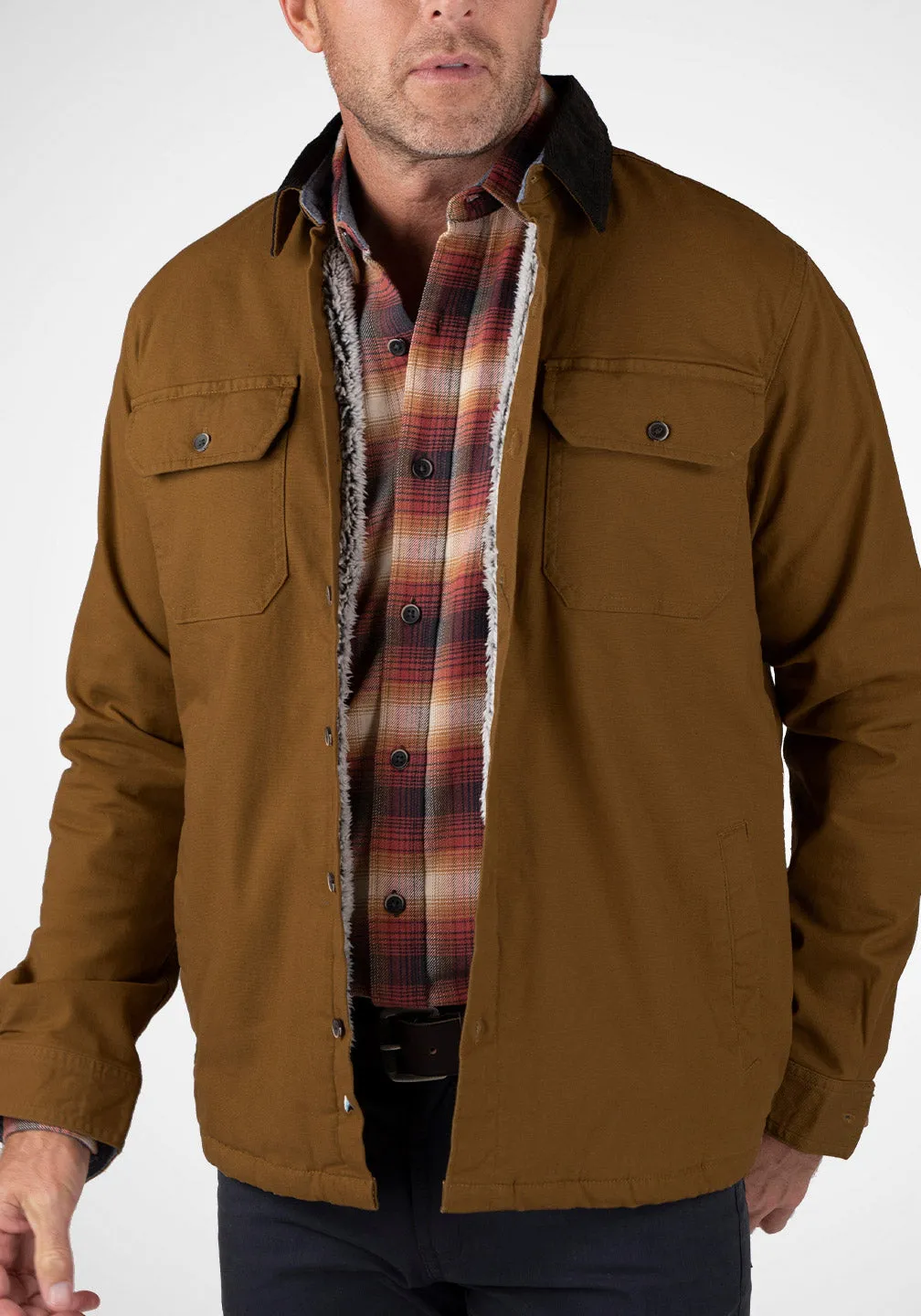 Stretch Canvas Shirt Jacket With Sherpa Lining