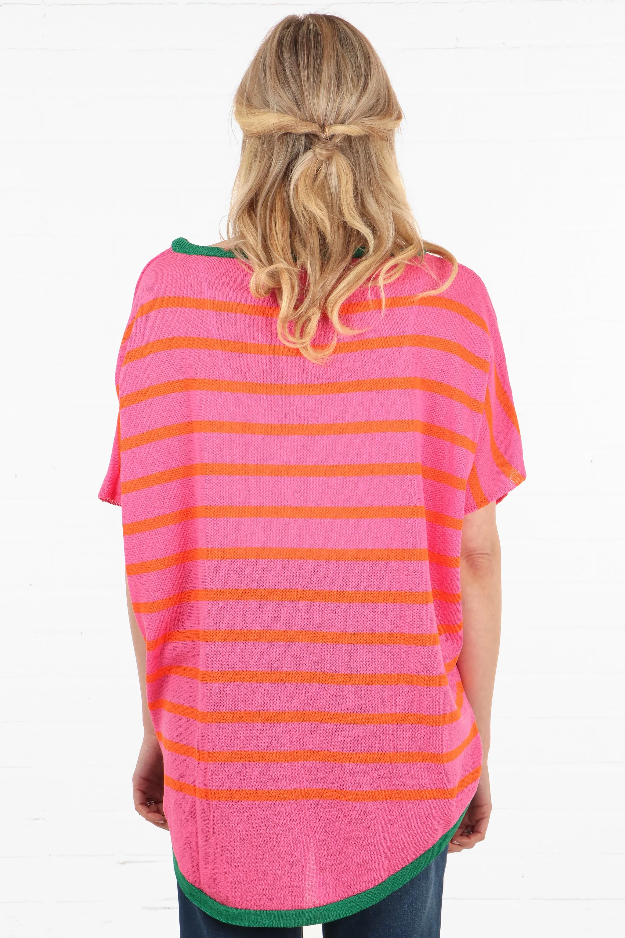 Striped Short Sleeve Cotton Jumper with Contrasting Trim in Fuchsia Orange and Green