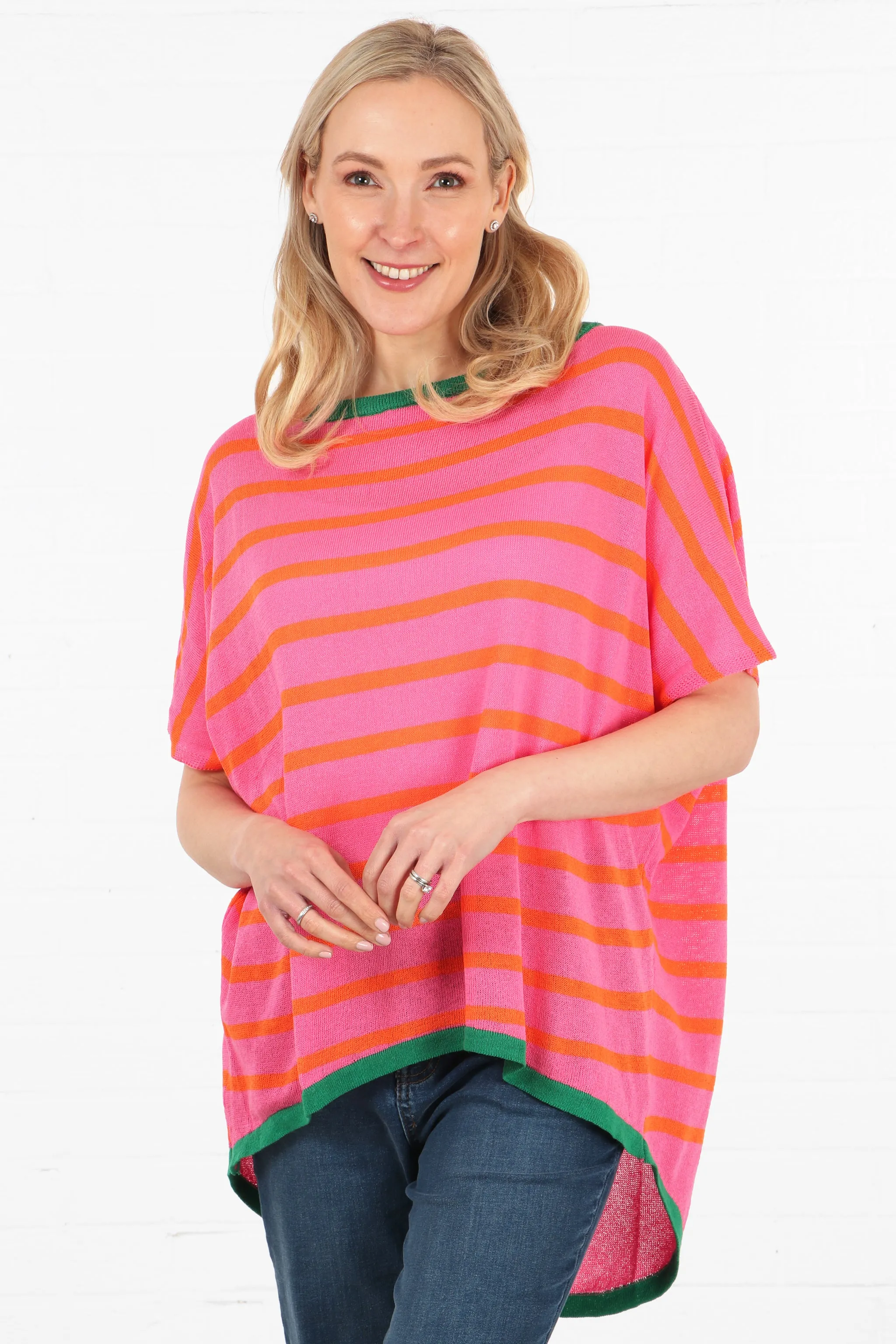 Striped Short Sleeve Cotton Jumper with Contrasting Trim in Fuchsia Orange and Green