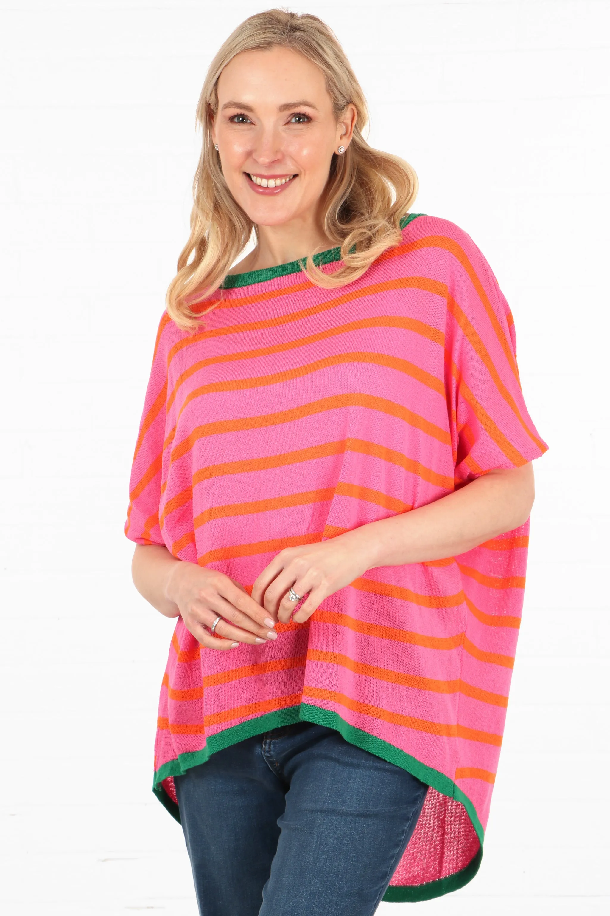 Striped Short Sleeve Cotton Jumper with Contrasting Trim in Fuchsia Orange and Green