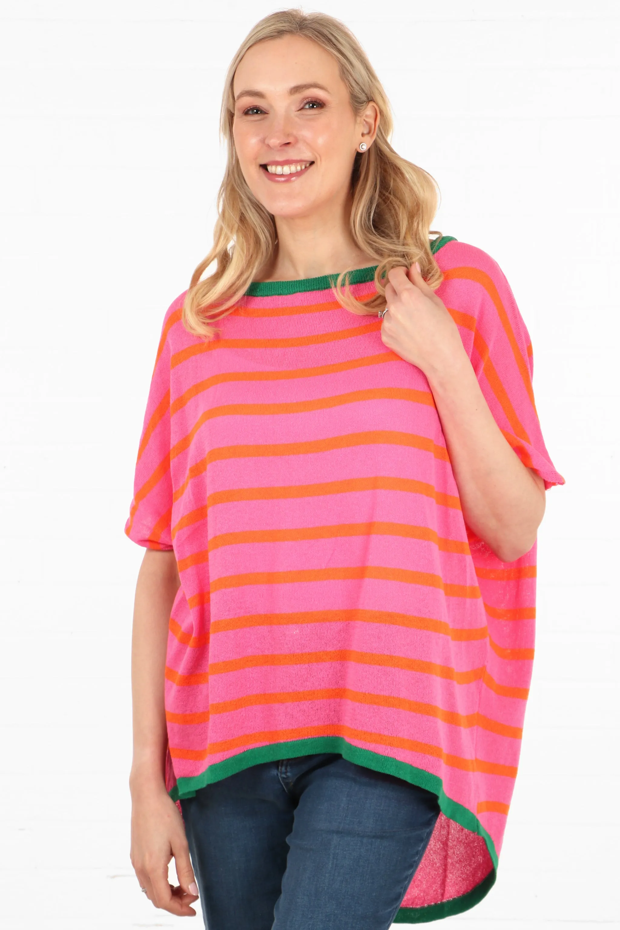 Striped Short Sleeve Cotton Jumper with Contrasting Trim in Fuchsia Orange and Green