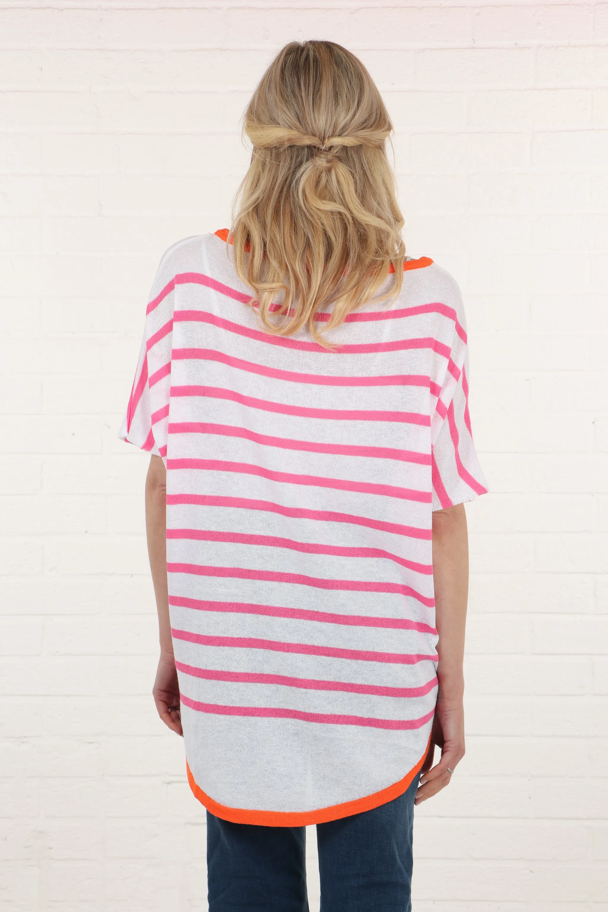 Striped Short Sleeve Cotton Knitted Top with Contrasting Trim in White Orange and Fuchsia