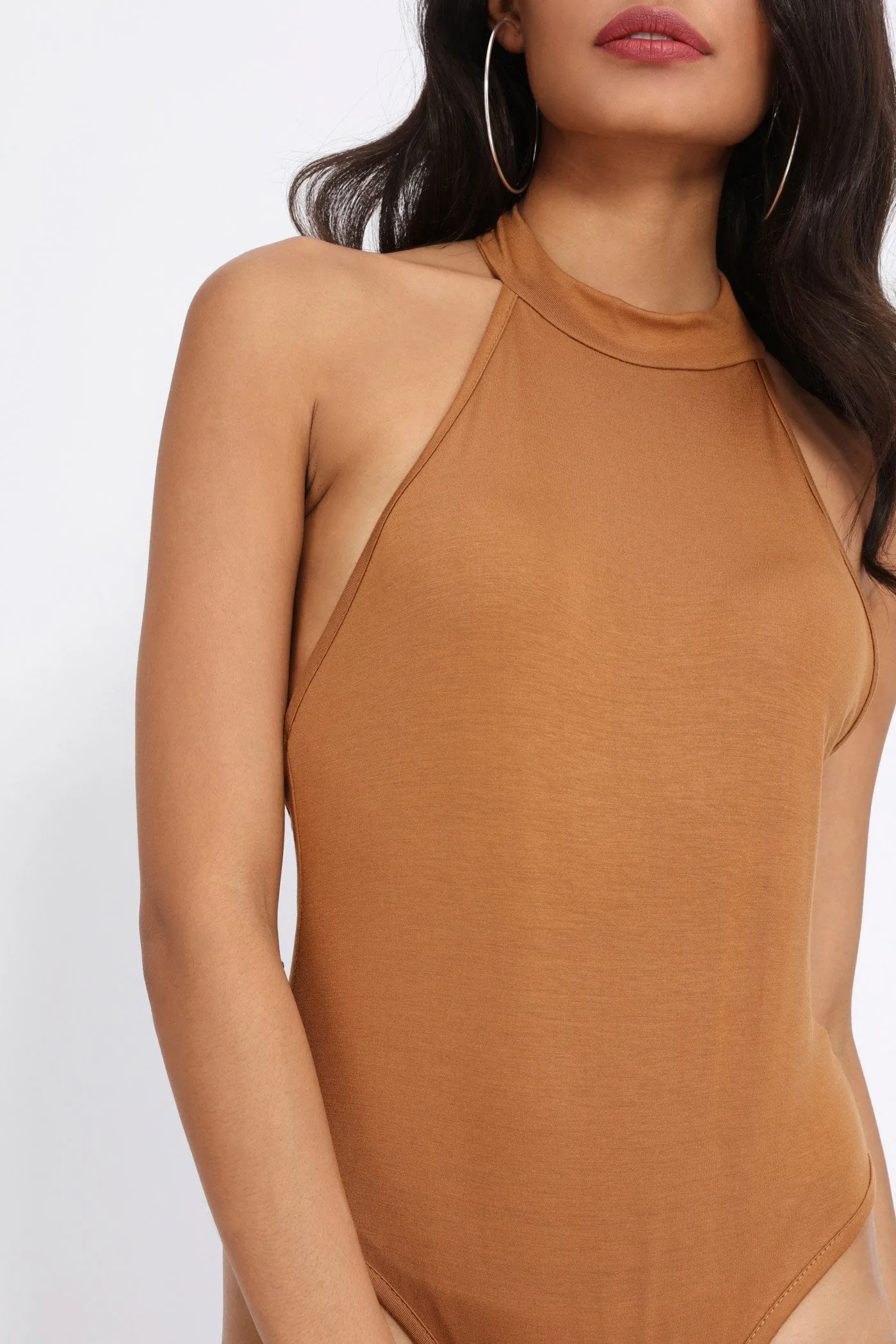 Tan Strap Back High Neck Bodysuit